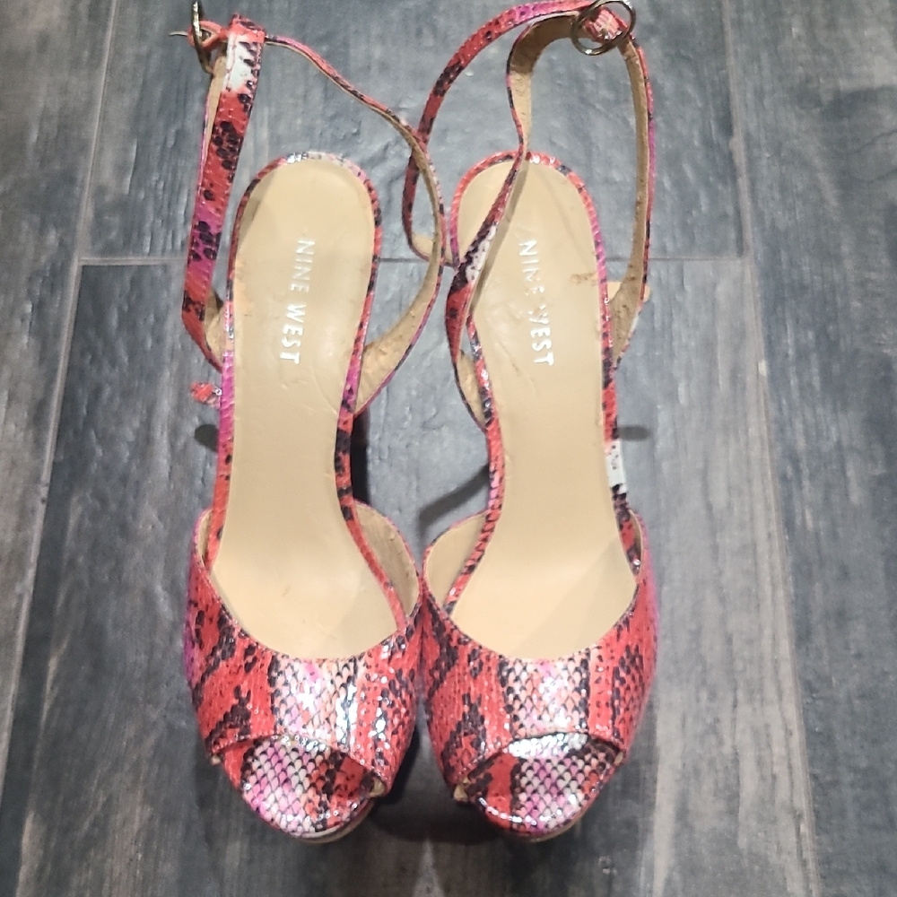 Nine West Pink Snakeskin Peep-Toe Slingback Heels